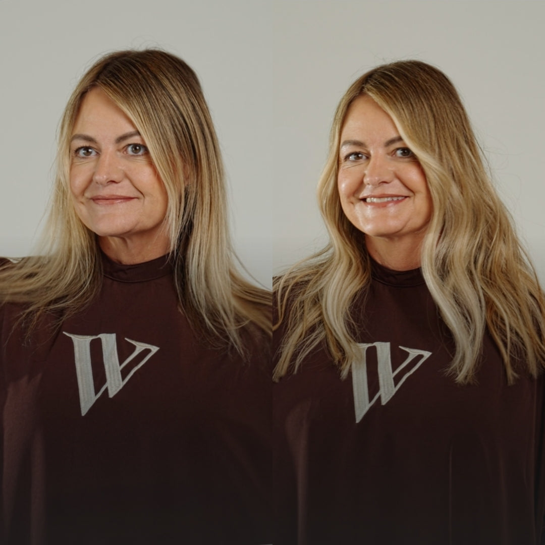 Client before and after a professional hair extension service for added length and fullness