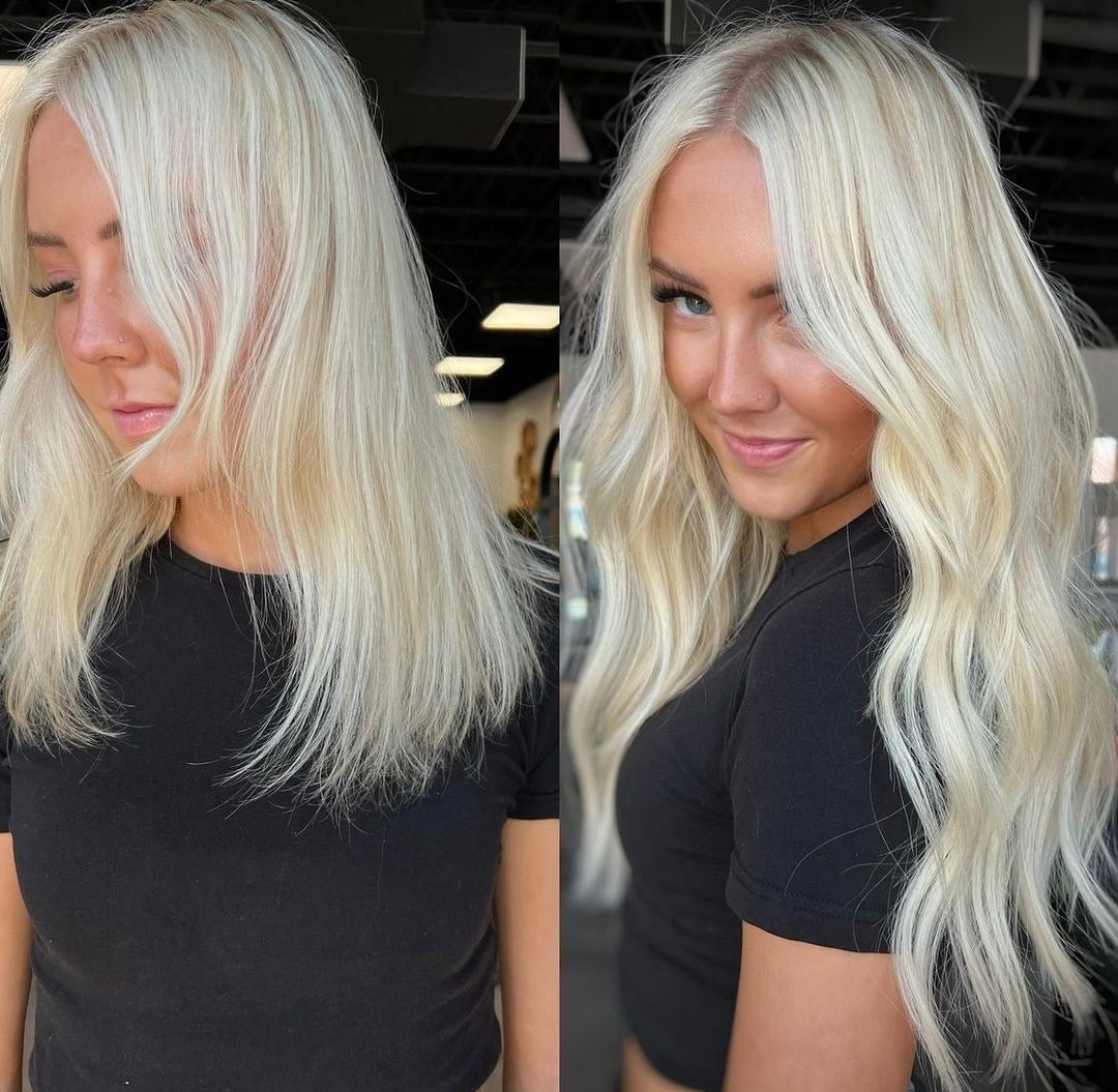 Before and after transformation using Vera Hair Co micro-tied wefts in Oslo and Paris to add seamless blonde volume and length