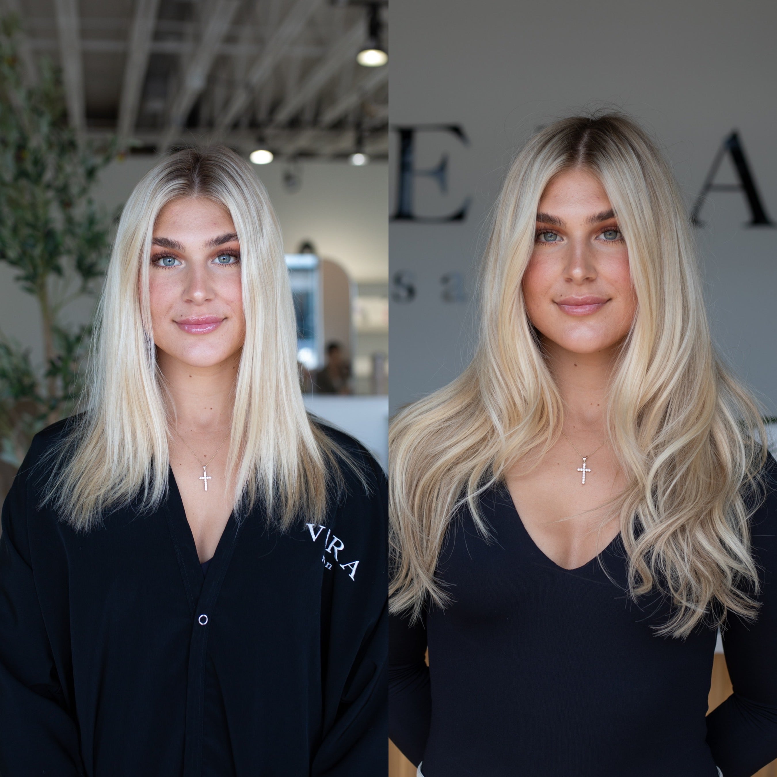 Before and after transformation using Vera Hair Co micro-tied wefts in Rome, London, and Copenhagen to add seamless blonde volume and length
