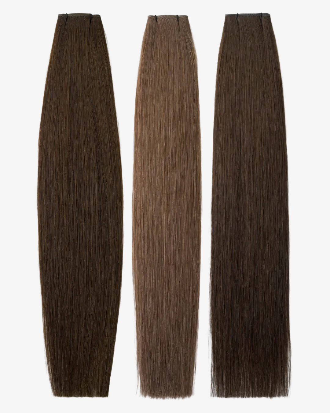 Three straight hair extension bundles in different shades of brown, displayed vertically side-by-side against a light beige background.