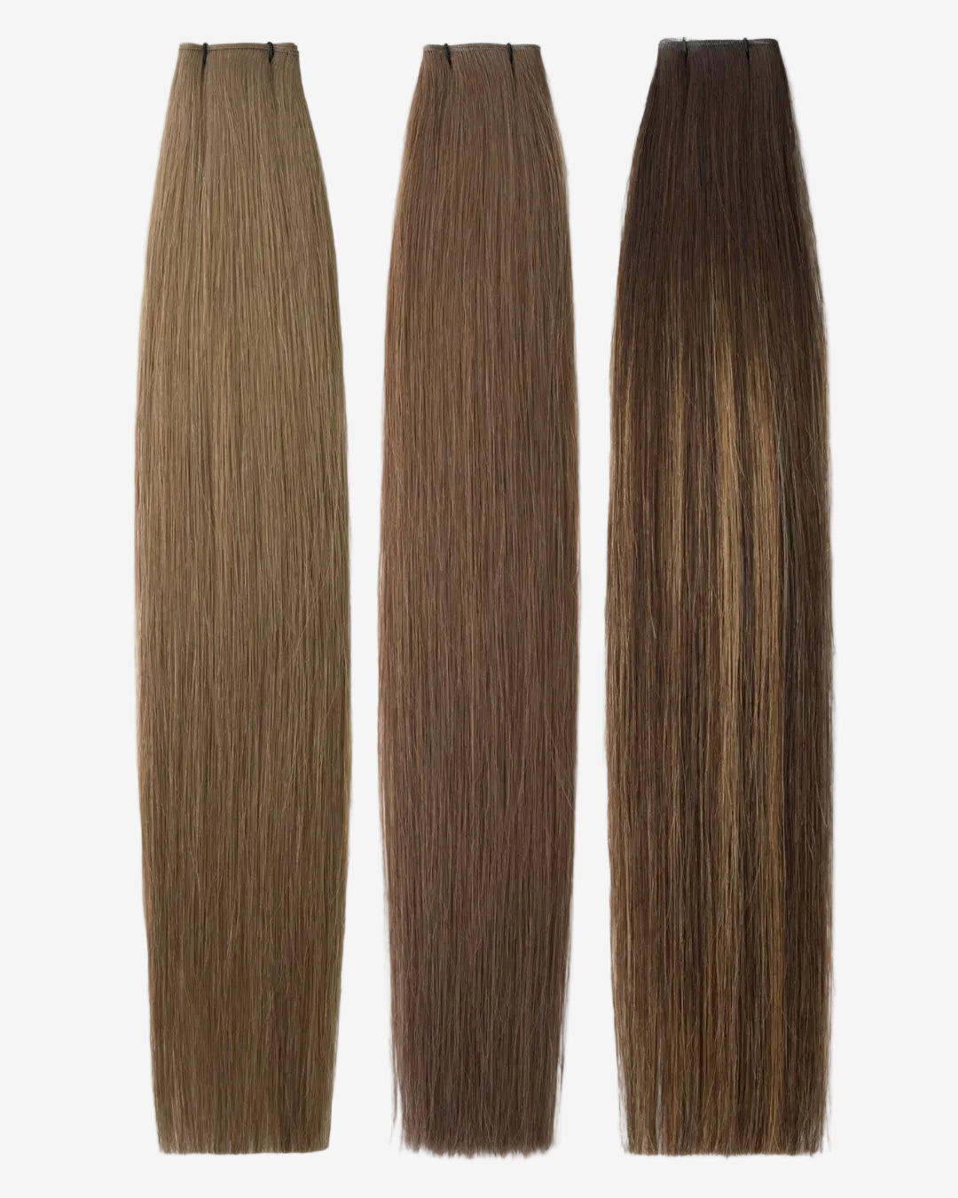 Three straight hair extension bundles in different shades of brown and blonde are displayed vertically against a light beige background.