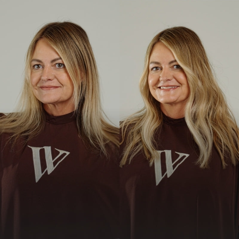 Before-and-after result showing natural-looking fullness created with professionally installed Vera hair extensions